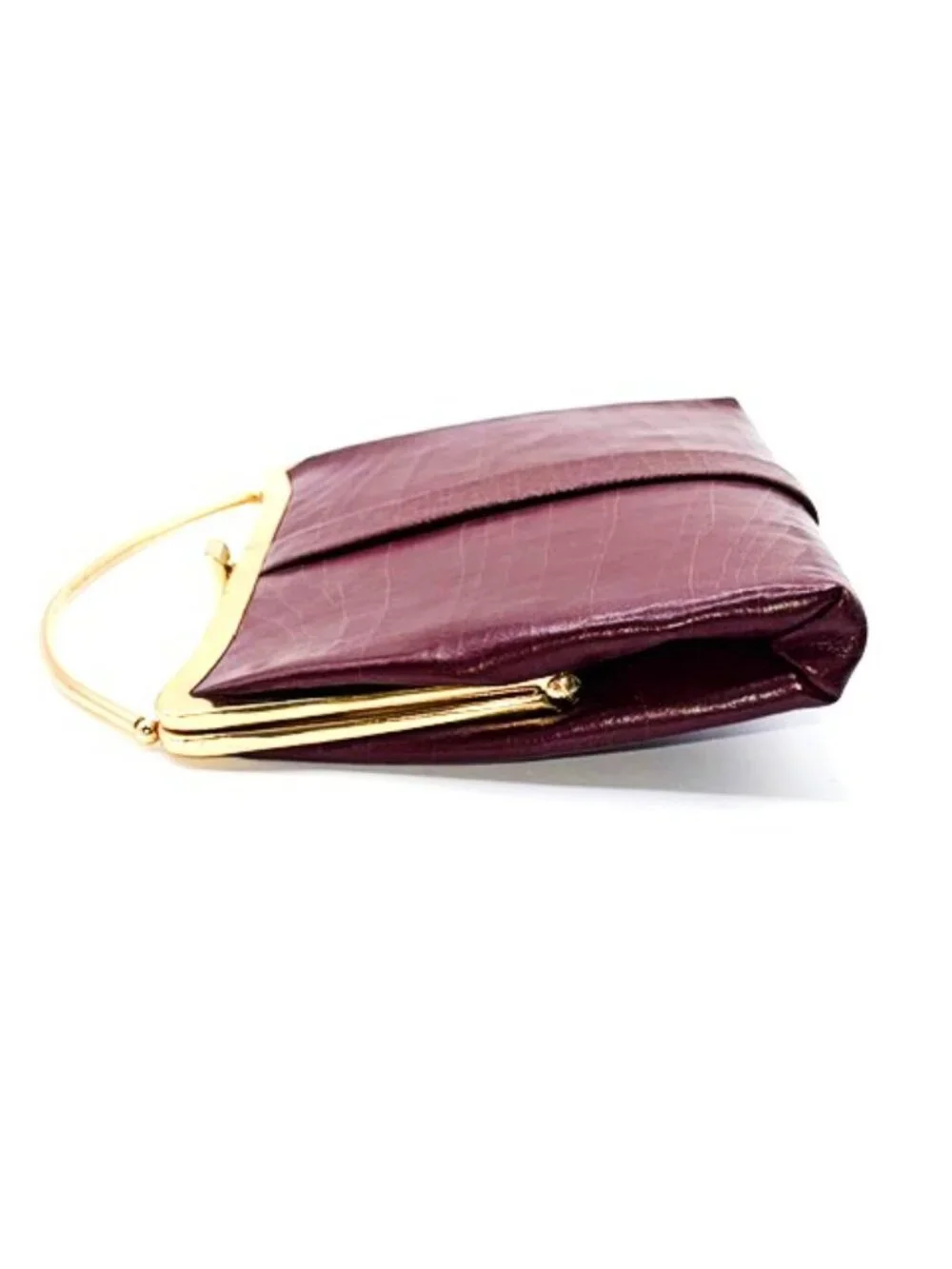 Vintage Burgundy Frame Handbag Gold Tone Top Handle Evening Clutch
